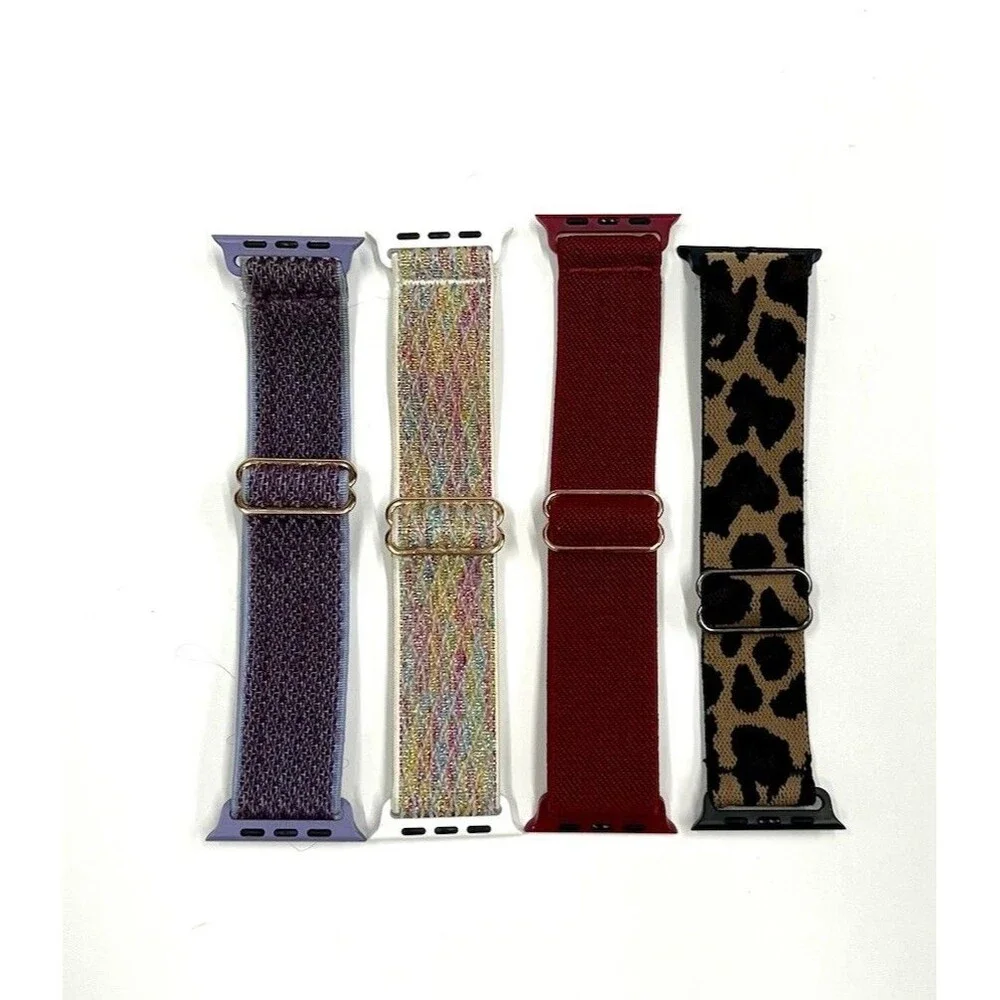 Set Of 4 Adjustable Stretchy Smartwatch Bands Red Purple Leopard & Multi 42-45mm